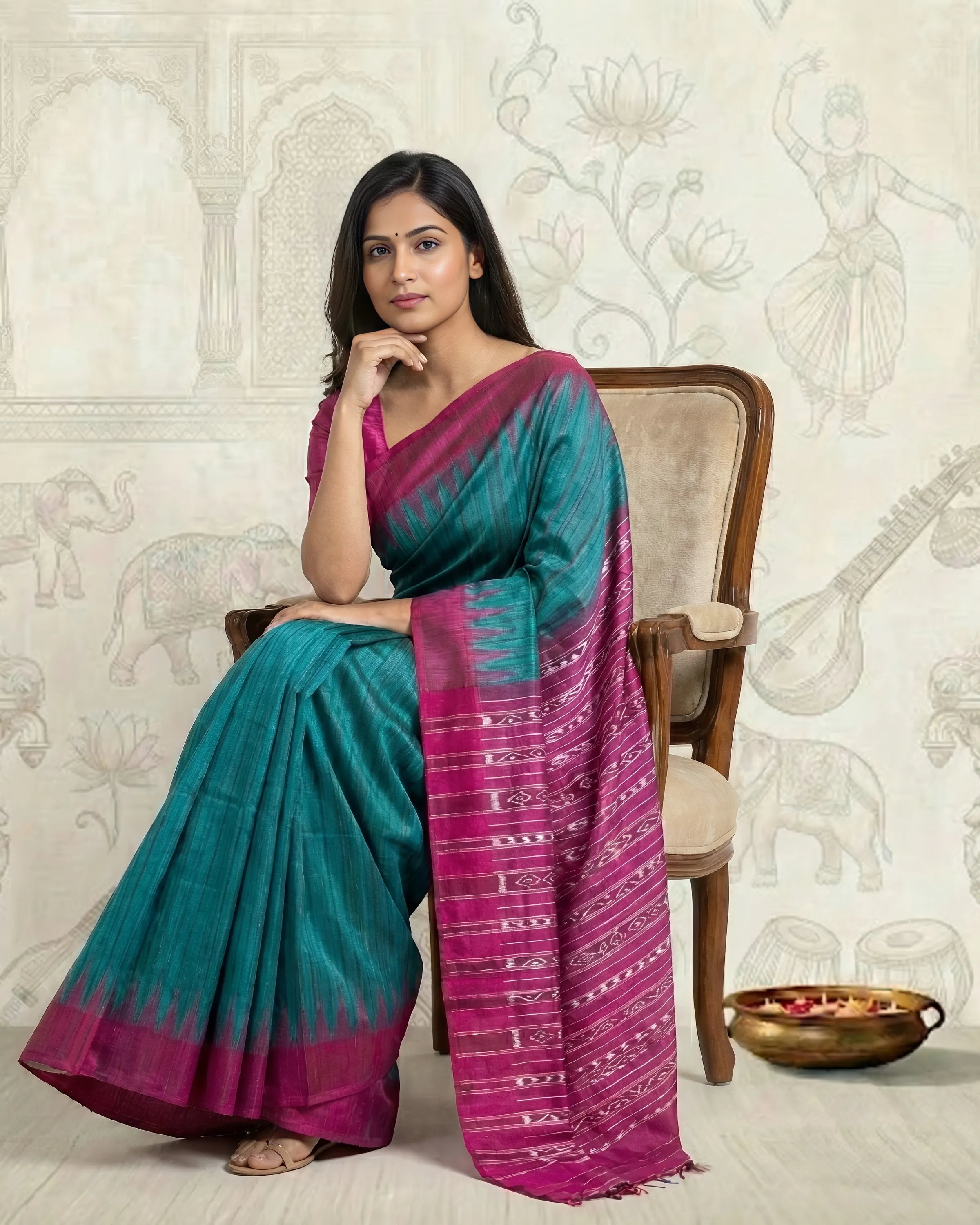 Handwoven Pure Tussar Silk Saree - Peacock Blue Colour