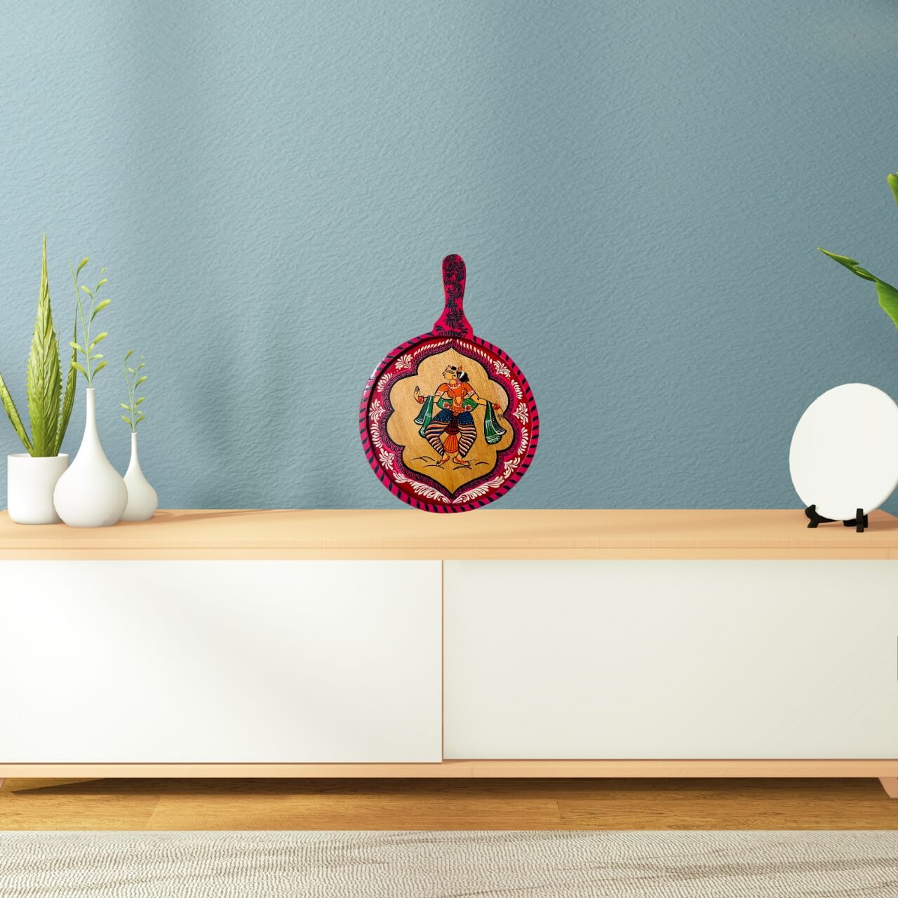 Pattachitra Painting on Wooden Tennis Style Tray / Wall Hanging (Medium) - Dancing Woman - Taalapatra Vibes