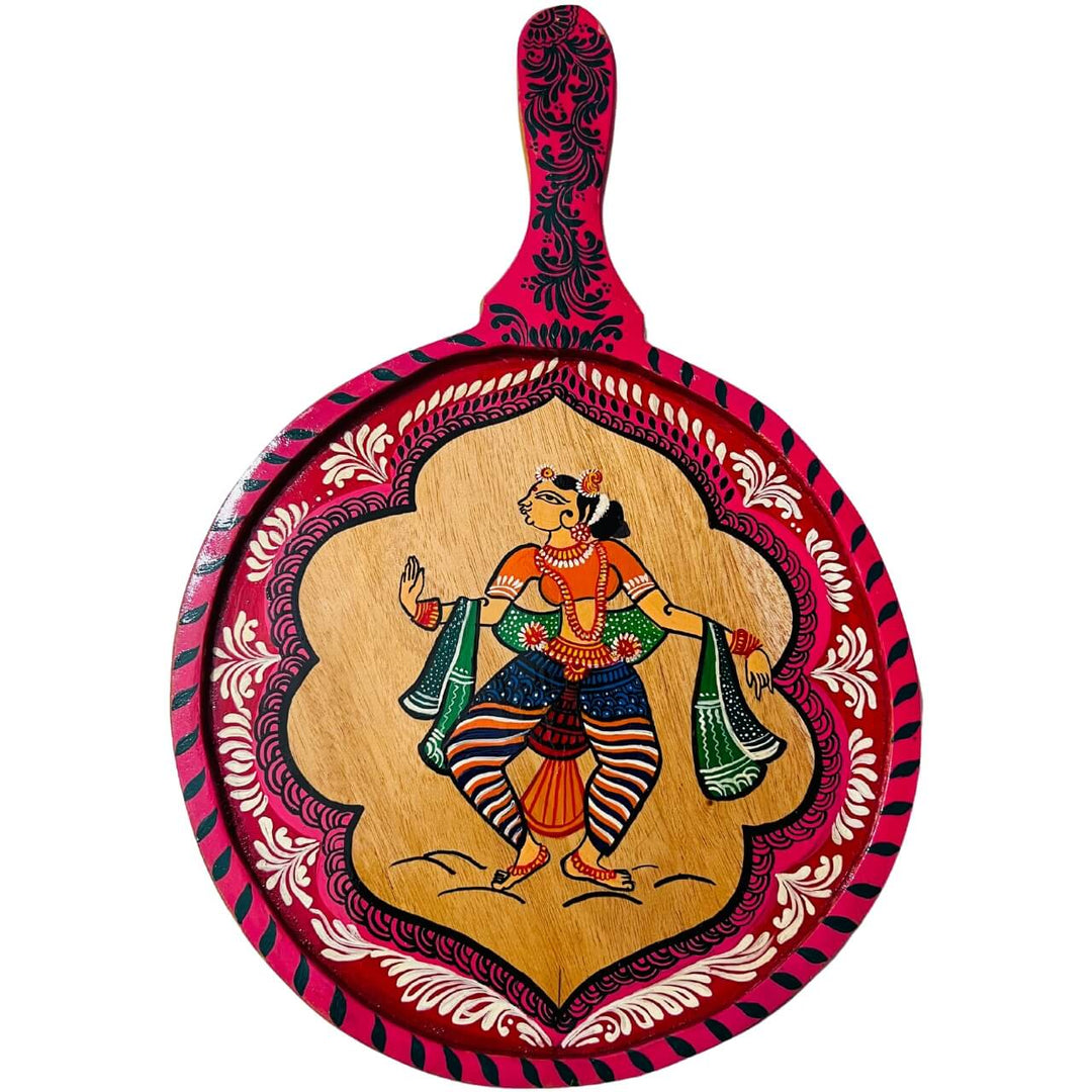 Pattachitra Painting on Wooden Tennis Style Tray / Wall Hanging (Medium) - Dancing Woman - Taalapatra
