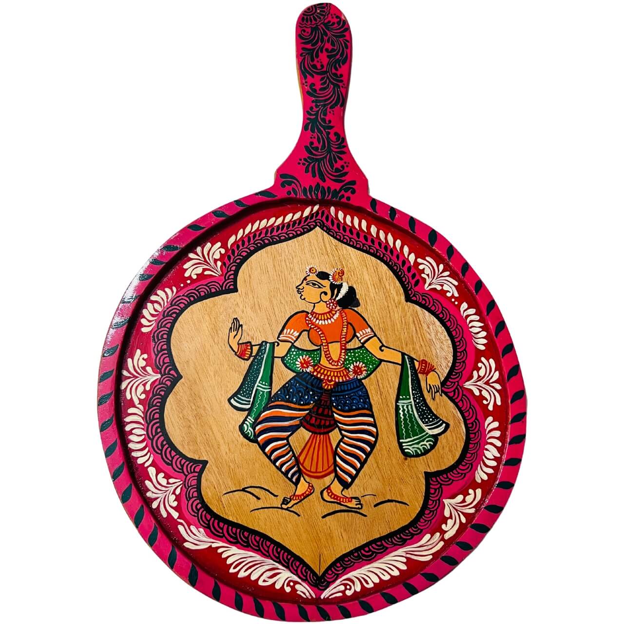 Pattachitra Painting on Wooden Tennis Style Tray / Wall Hanging (Medium) - Dancing Woman - Taalapatra Vibes