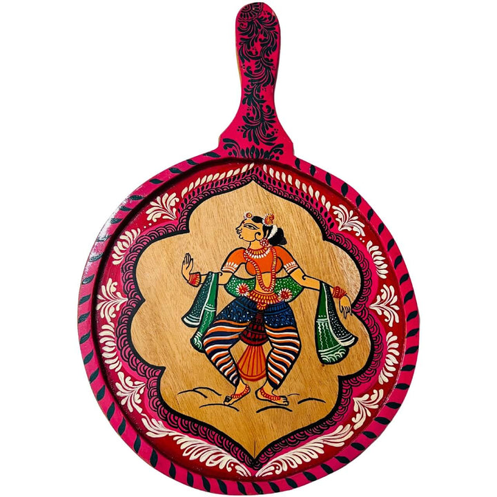 Pattachitra Painting on Wooden Tennis Style Tray / Wall Hanging (Medium) - Dancing Woman - Taalapatra