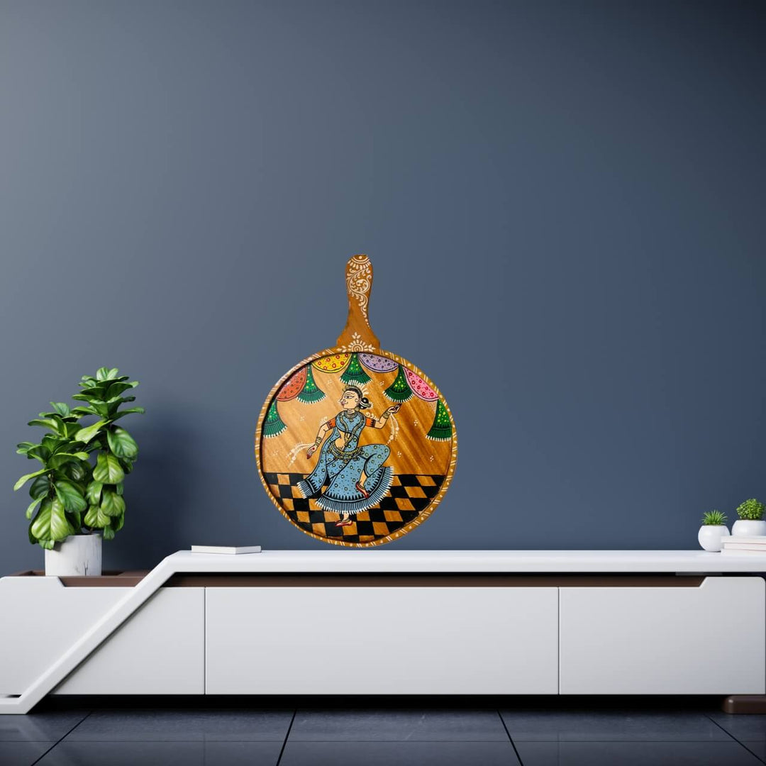 Pattachitra Painting on Wooden Tennis Style Tray / Wall Hanging (Large) - Dancing Woman - Taalapatra