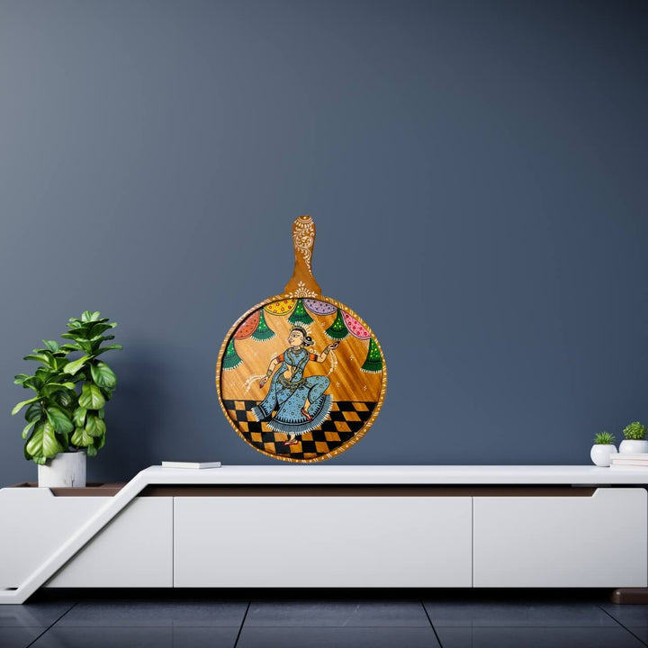Pattachitra Painting on Wooden Tennis Style Tray / Wall Hanging (Large) - Dancing Woman - Taalapatra