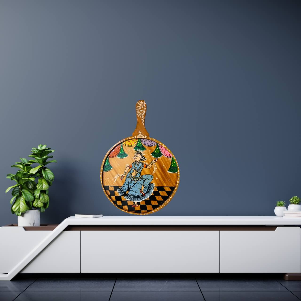 Pattachitra Painting on Wooden Tennis Style Tray / Wall Hanging (Large) - Dancing Woman - Taalapatra Vibes