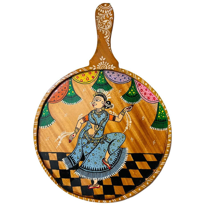 Pattachitra Painting on Wooden Tennis Style Tray / Wall Hanging (Large) - Dancing Woman - Taalapatra