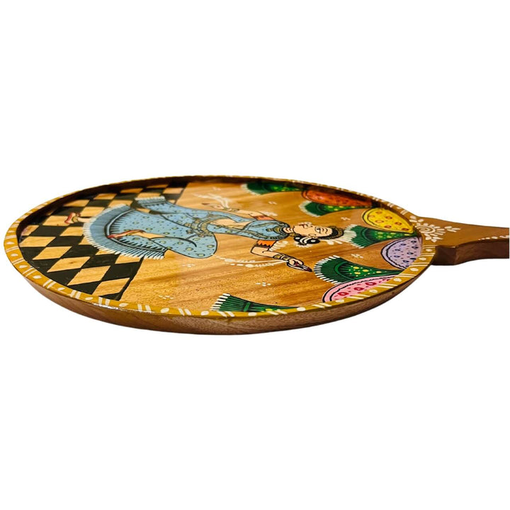 Pattachitra Painting on Wooden Tennis Style Tray / Wall Hanging (Large) - Dancing Woman - Taalapatra