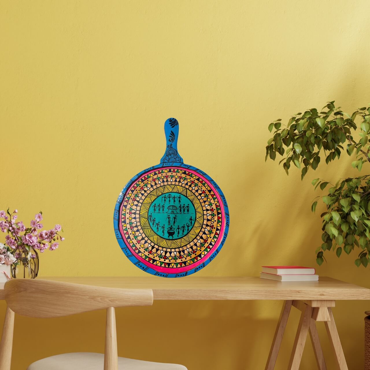 Pattachitra Painting on Wooden Tennis Style Tray / Wall Hanging (Large) - Tribal Art - Taalapatra Vibes