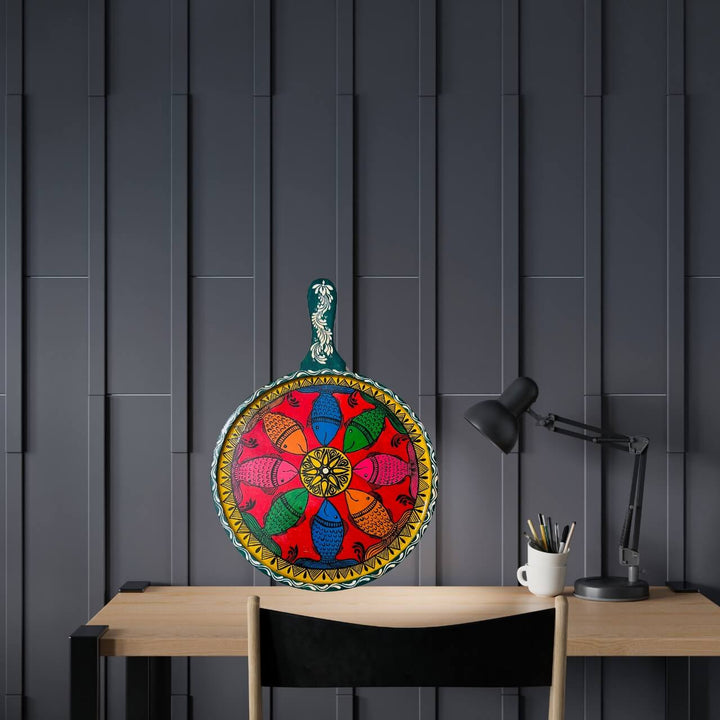 Pattachitra Painting on Wooden Tennis Style Tray / Wall Hanging (Large) - Fish Design - Taalapatra