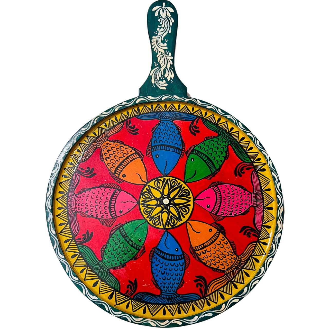 Pattachitra Painting on Wooden Tennis Style Tray / Wall Hanging (Large) - Fish Design - Taalapatra Vibes