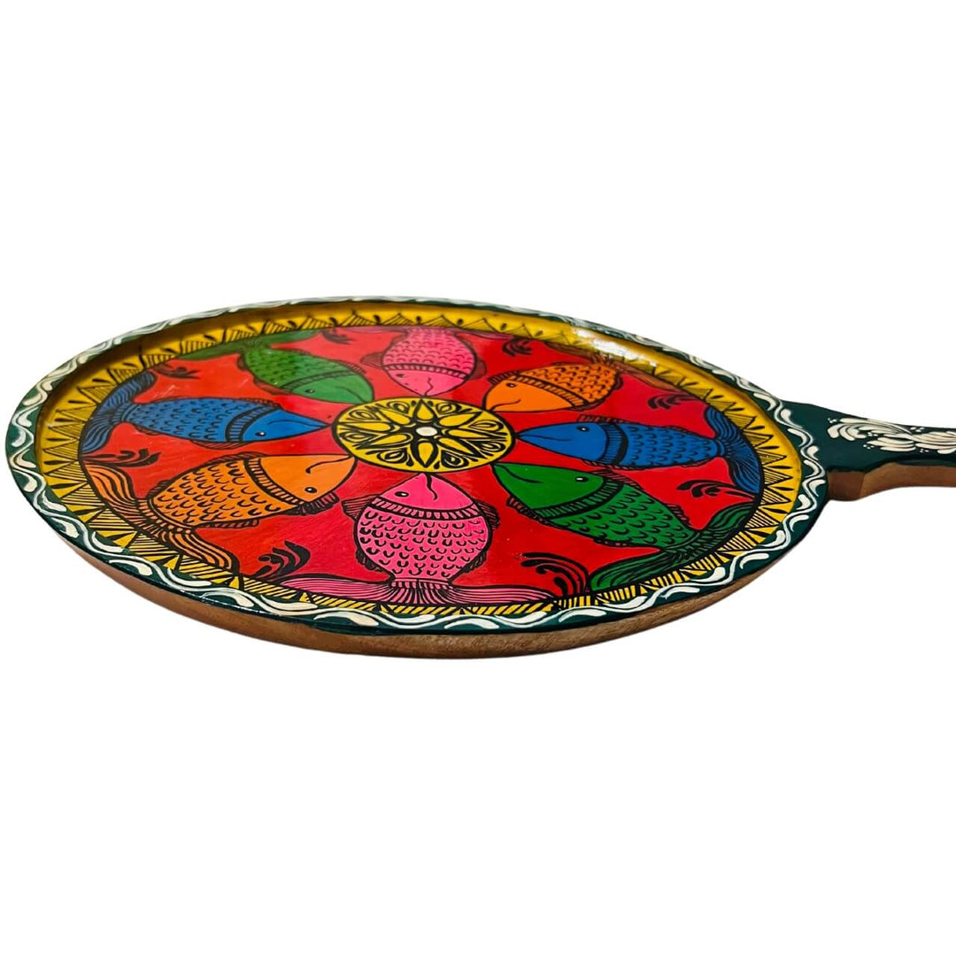Pattachitra Painting on Wooden Tennis Style Tray / Wall Hanging (Large) - Fish Design - Taalapatra