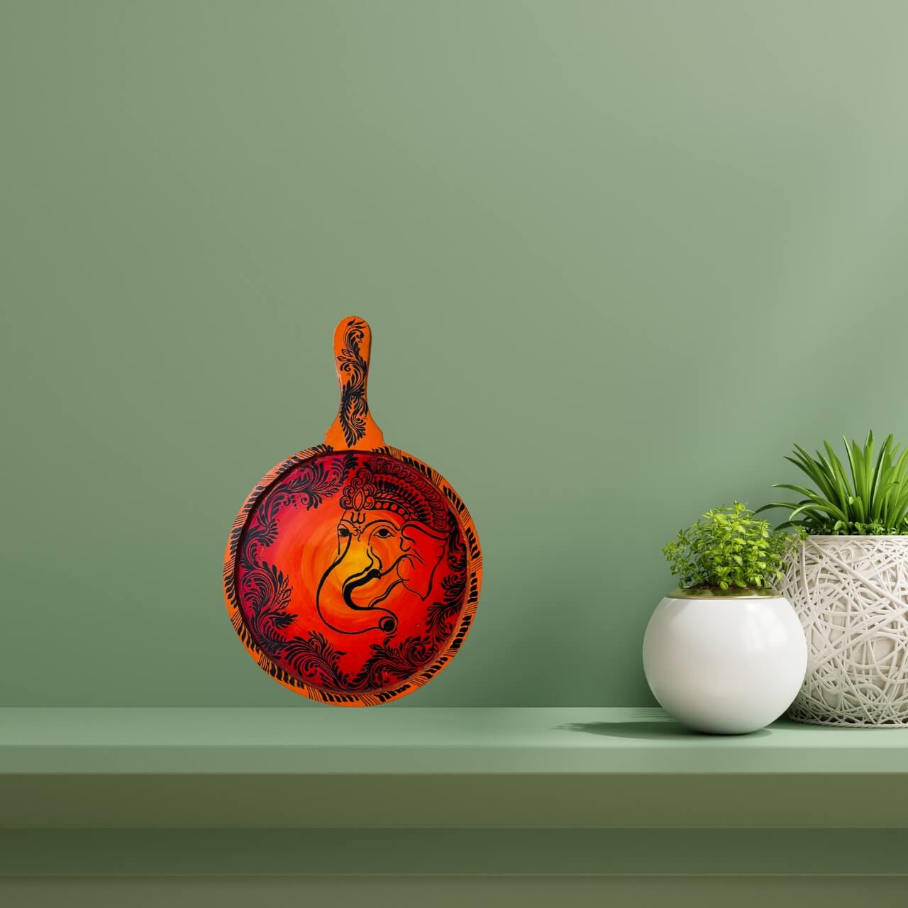 Pattachitra Painting on Wooden Tennis Style Tray / Wall Hanging (Medium) - Ganesha - Taalapatra Vibes