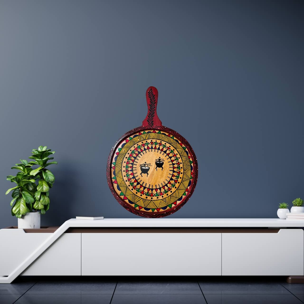 Pattachitra Painting on Wooden Tennis Style Tray / Wall Hanging (Medium) - Tribal Drummers - Taalapatra Vibes