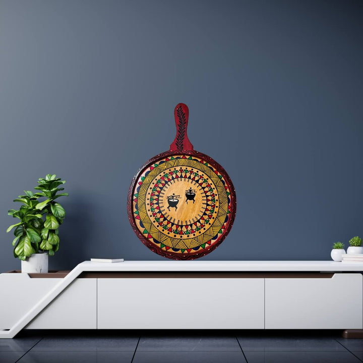 Pattachitra Painting on Wooden Tennis Style Tray / Wall Hanging (Medium) - Tribal Drummers - Taalapatra
