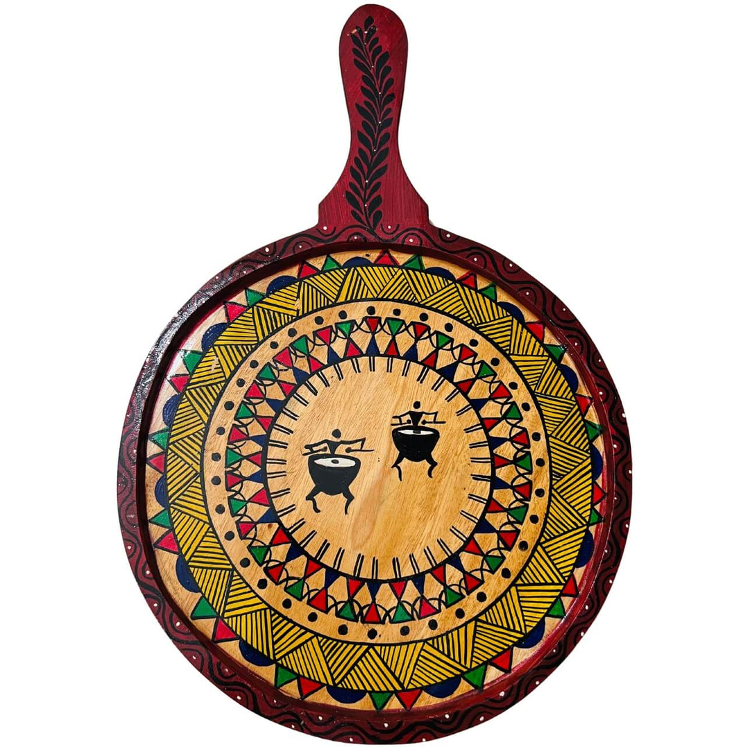 Pattachitra Painting on Wooden Tennis Style Tray / Wall Hanging (Medium) - Tribal Drummers - Taalapatra