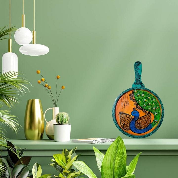 Pattachitra Painting on Wooden Tennis Style Tray / Wall Hanging (Small) - Peacock-1 - Taalapatra