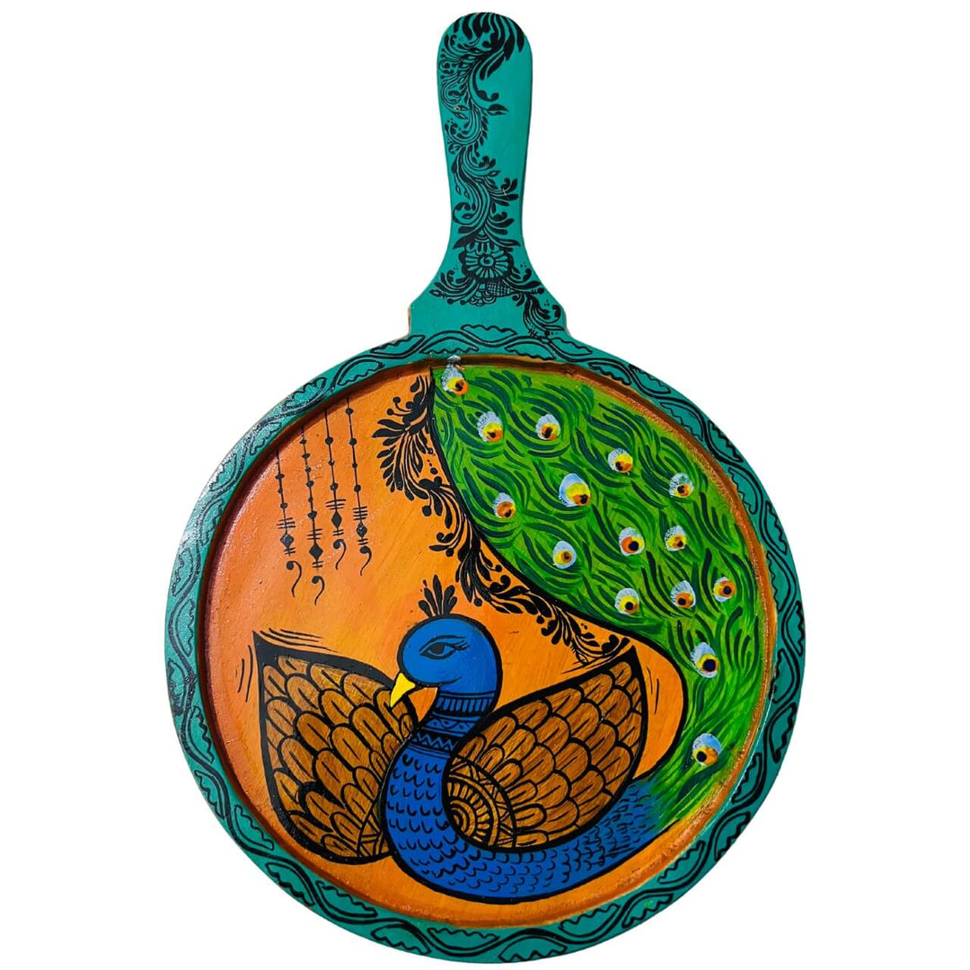 Pattachitra Painting on Wooden Tennis Style Tray / Wall Hanging (Small) - Peacock-1 - Taalapatra