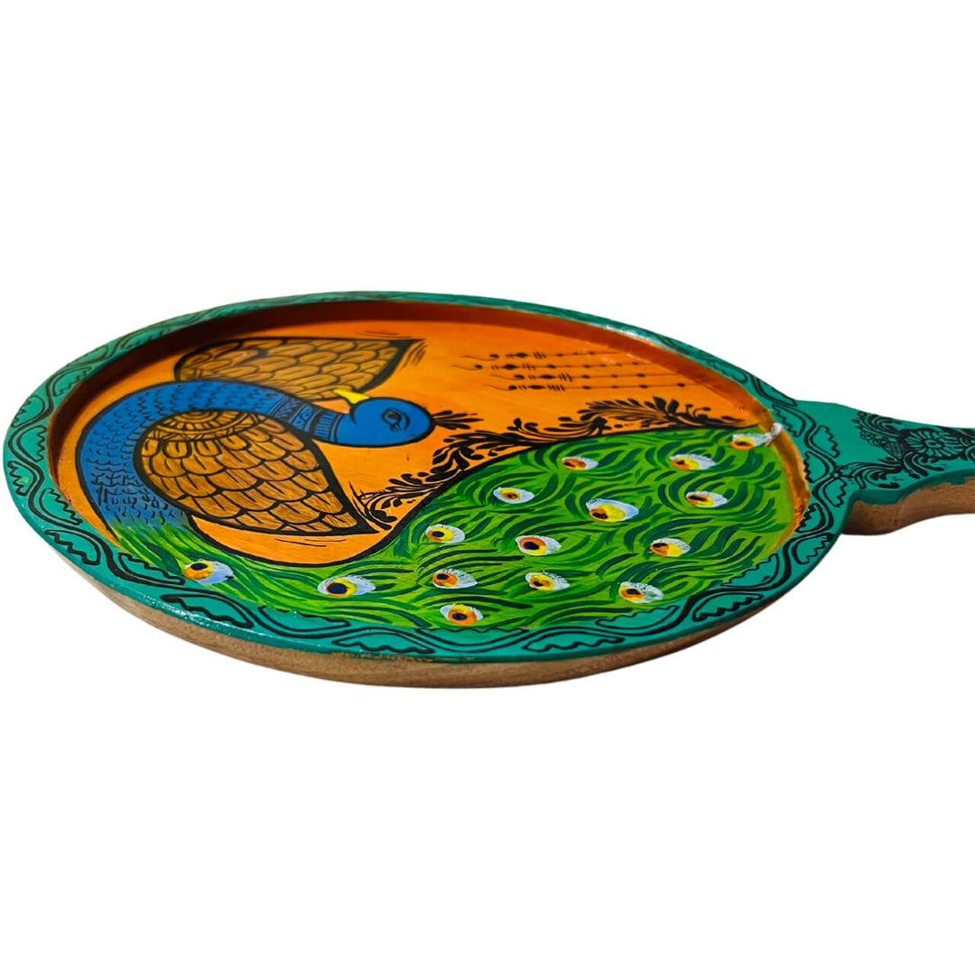 Pattachitra Painting on Wooden Tennis Style Tray / Wall Hanging (Small) - Peacock-1 - Taalapatra