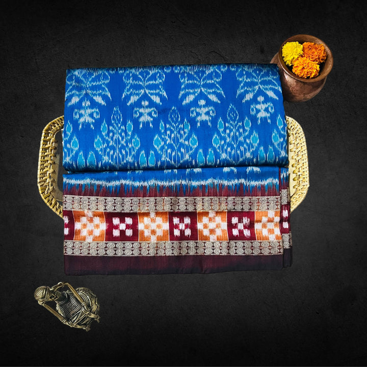 Handwoven Silk | Bandha Sambalpuri Saree - Copper Sulphate Blue Colour - Taalapatra