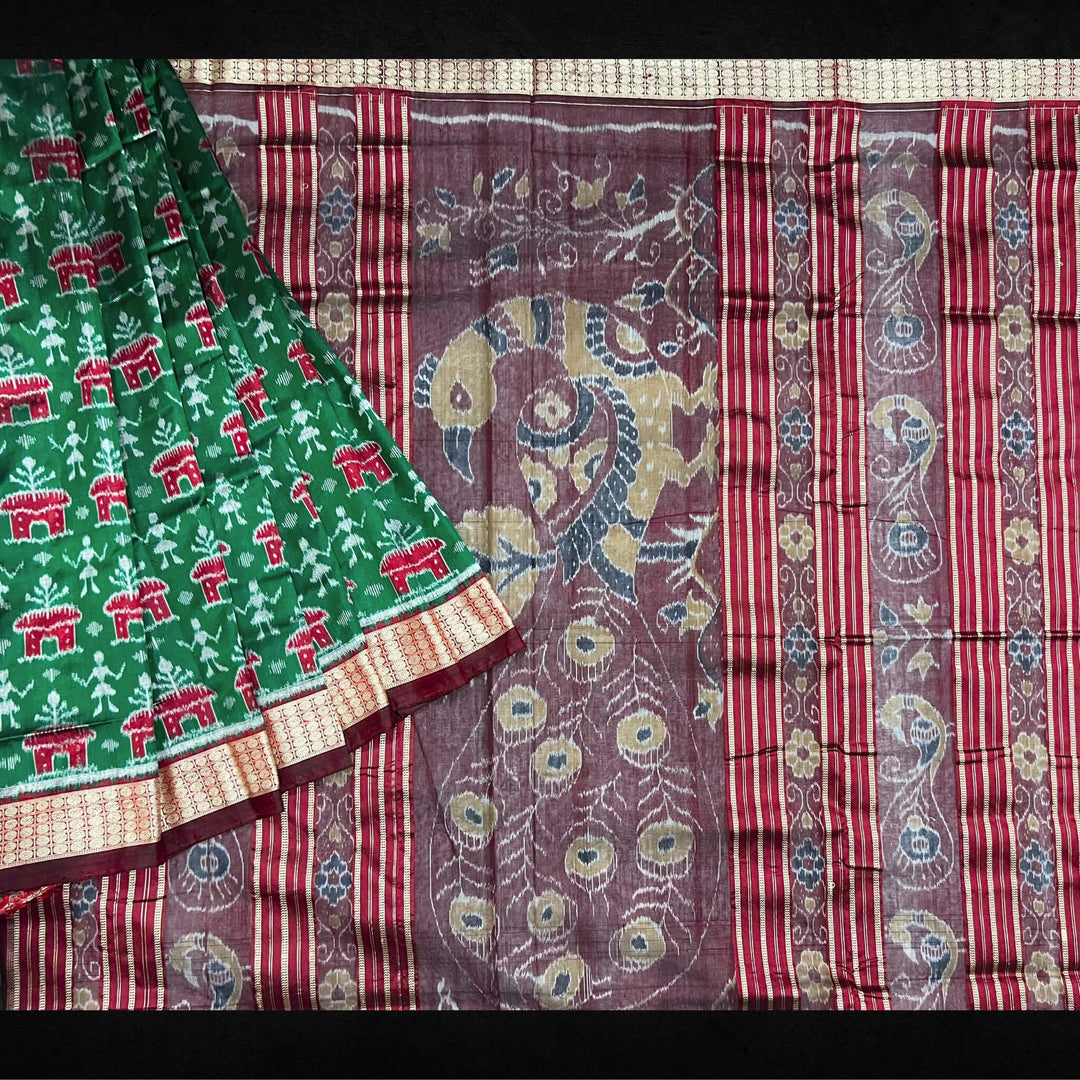 Handwoven Silk | Body Bandha Sambalpuri Saree - Dark Forest Green Colour - Taalapatra