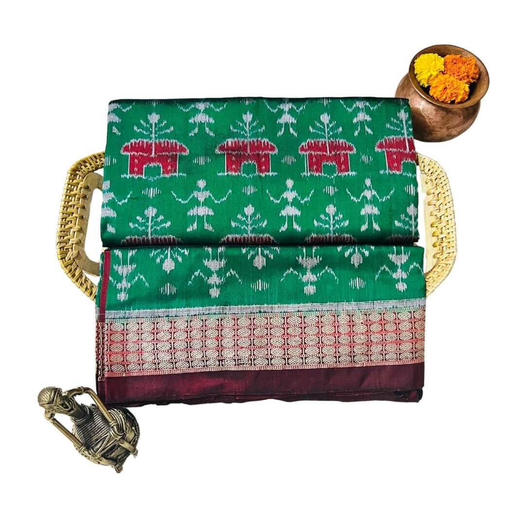 Handwoven Silk | Body Bandha Sambalpuri Saree - Dark Forest Green Colour - Taalapatra Vibes