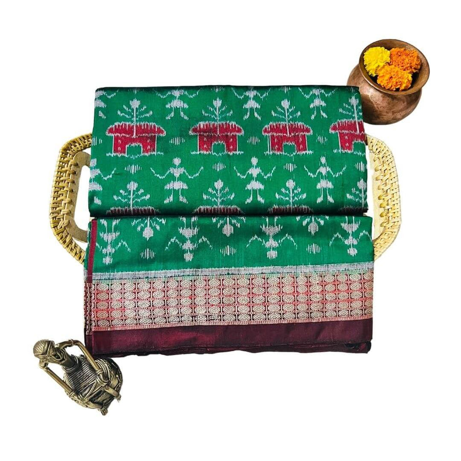 Handwoven Silk | Body Bandha Sambalpuri Saree - Dark Forest Green Colour - Taalapatra Vibes