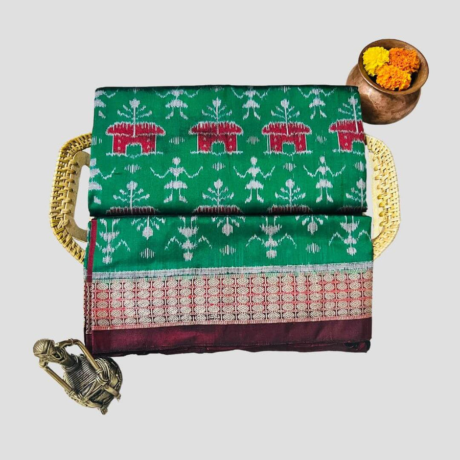 Handwoven Silk | Body Bandha Sambalpuri Saree - Dark Forest Green Colour - Taalapatra
