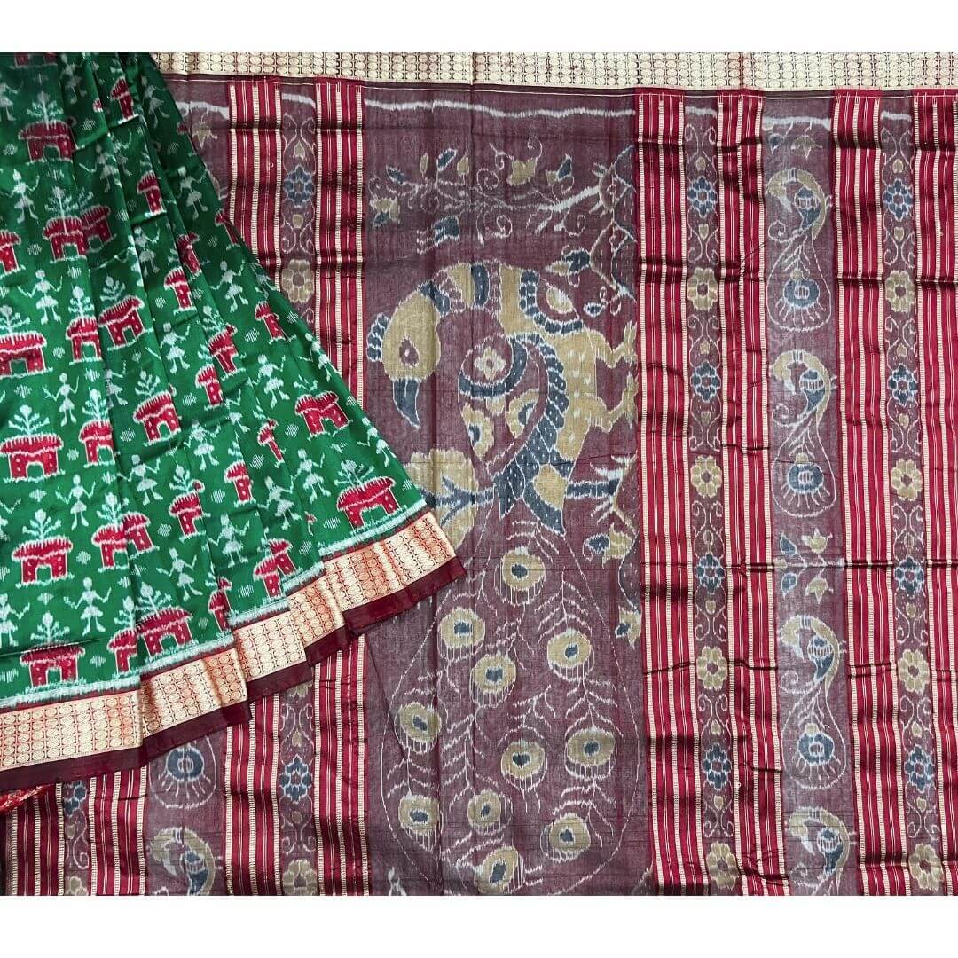 Handwoven Silk | Body Bandha Sambalpuri Saree - Dark Forest Green Colour - Taalapatra Vibes
