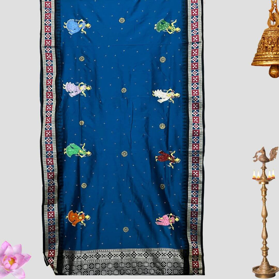 Hand Painted Pattachitra | Silk Saree (Dancing Women) - Blue Colour - Taalapatra