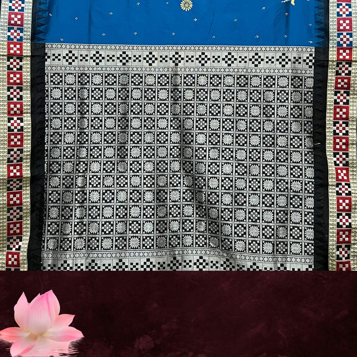Hand Painted Pattachitra | Silk Saree (Dancing Women) - Blue Colour - Taalapatra
