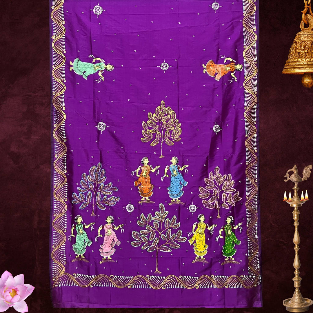 Hand Painted Pattachitra | Silk Saree (Dancing Women) - Purple Colour - Taalapatra