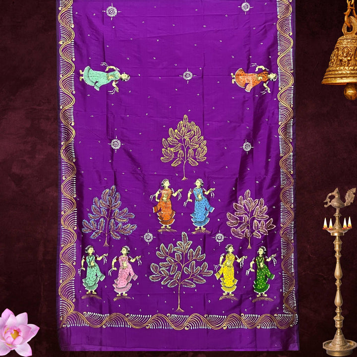 Hand Painted Pattachitra | Silk Saree (Dancing Women) - Purple Colour - Taalapatra