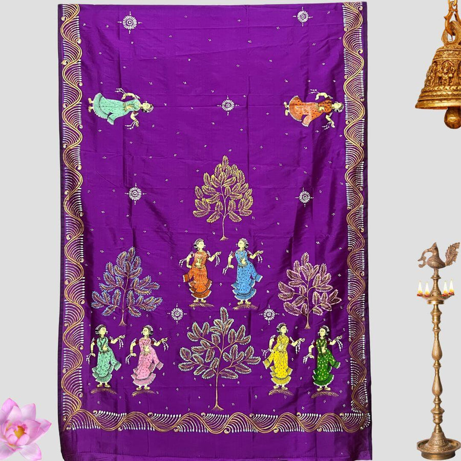 Hand Painted Pattachitra | Silk Saree (Dancing Women) - Purple Colour - Taalapatra