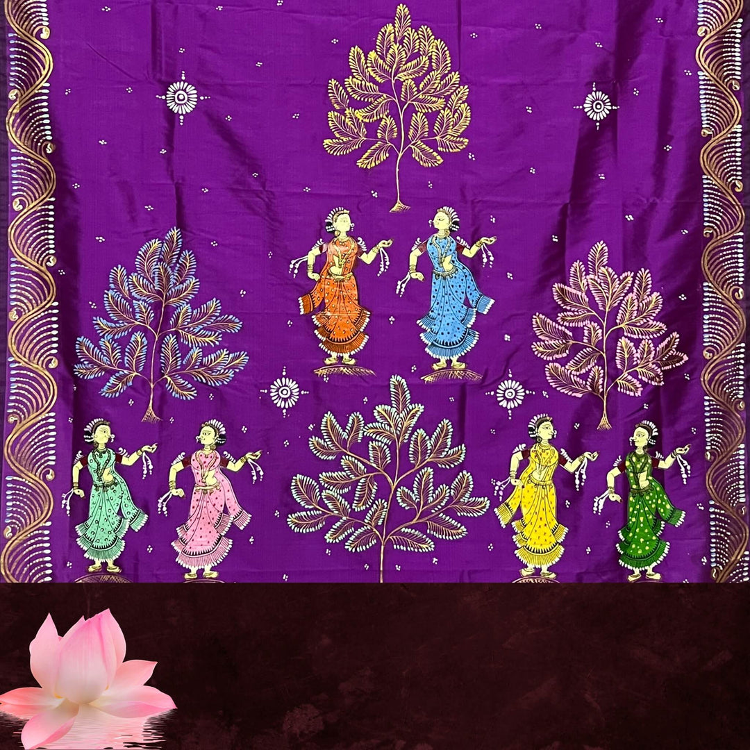 Hand Painted Pattachitra | Silk Saree (Dancing Women) - Purple Colour - Taalapatra