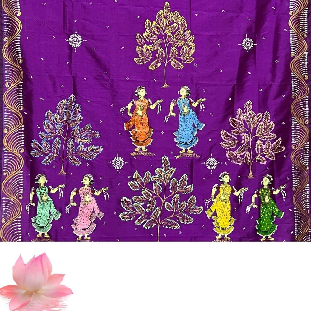 Hand Painted Pattachitra | Silk Saree (Dancing Women) - Purple Colour - Taalapatra Vibes