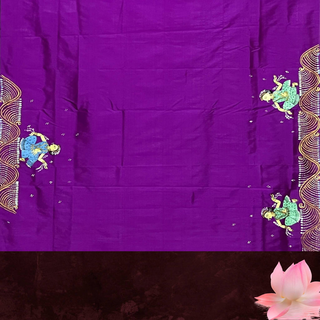 Hand Painted Pattachitra | Silk Saree (Dancing Women) - Purple Colour - Taalapatra