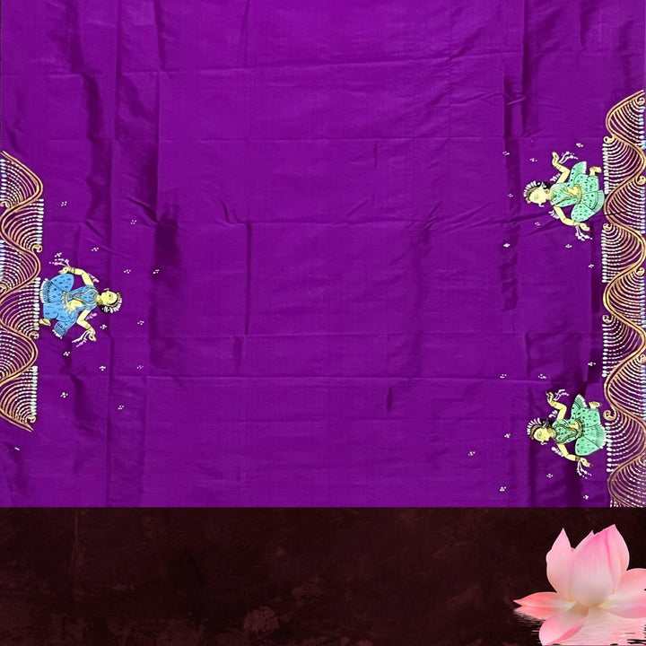 Hand Painted Pattachitra | Silk Saree (Dancing Women) - Purple Colour - Taalapatra