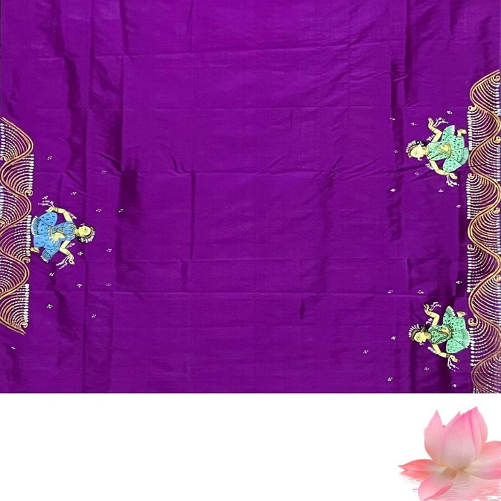 Hand Painted Pattachitra | Silk Saree (Dancing Women) - Purple Colour - Taalapatra Vibes