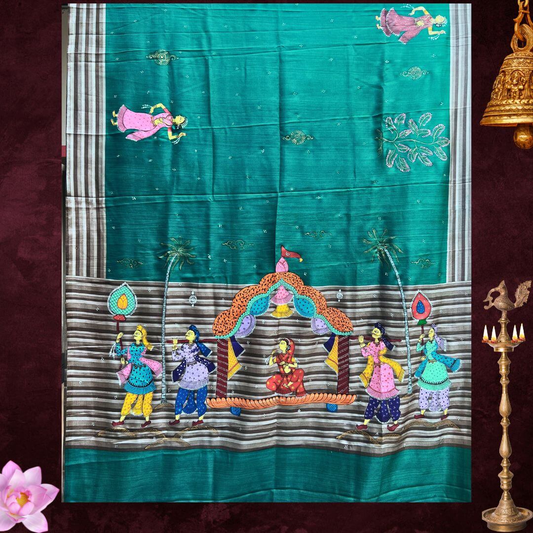 Hand Painted Pattachitra | Silk Saree (Palki) - Sea Green Colour - Taalapatra