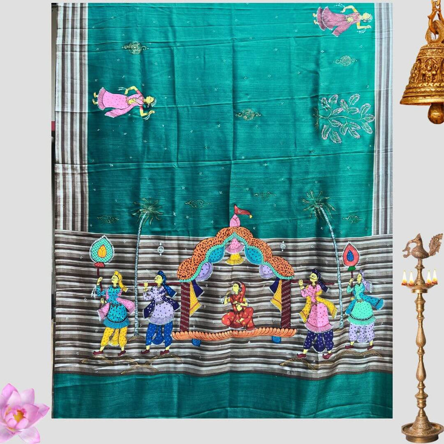 Hand Painted Pattachitra | Silk Saree (Palki) - Sea Green Colour - Taalapatra