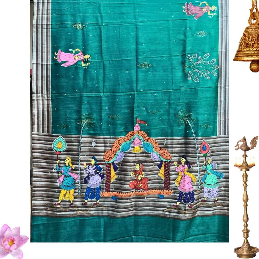 Hand Painted Pattachitra | Silk Saree (Palki) - Sea Green Colour - Taalapatra Vibes