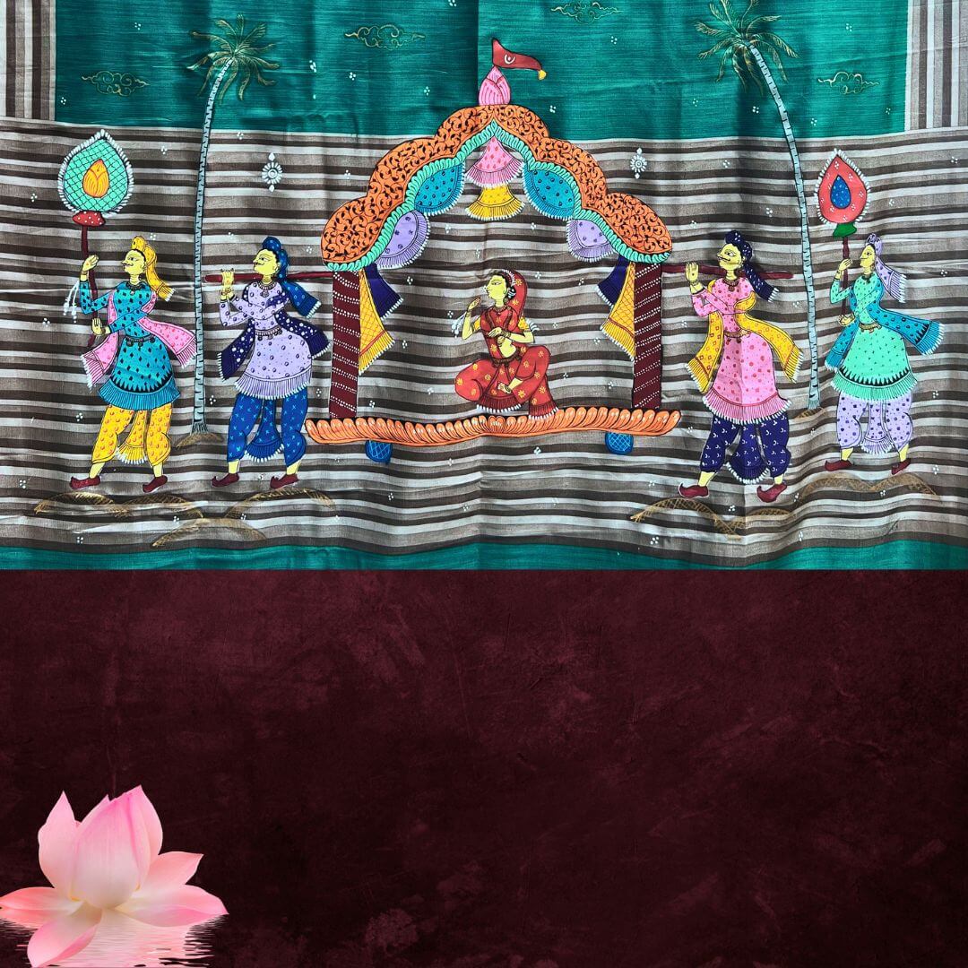 Hand Painted Pattachitra | Silk Saree (Palki) - Sea Green Colour - Taalapatra