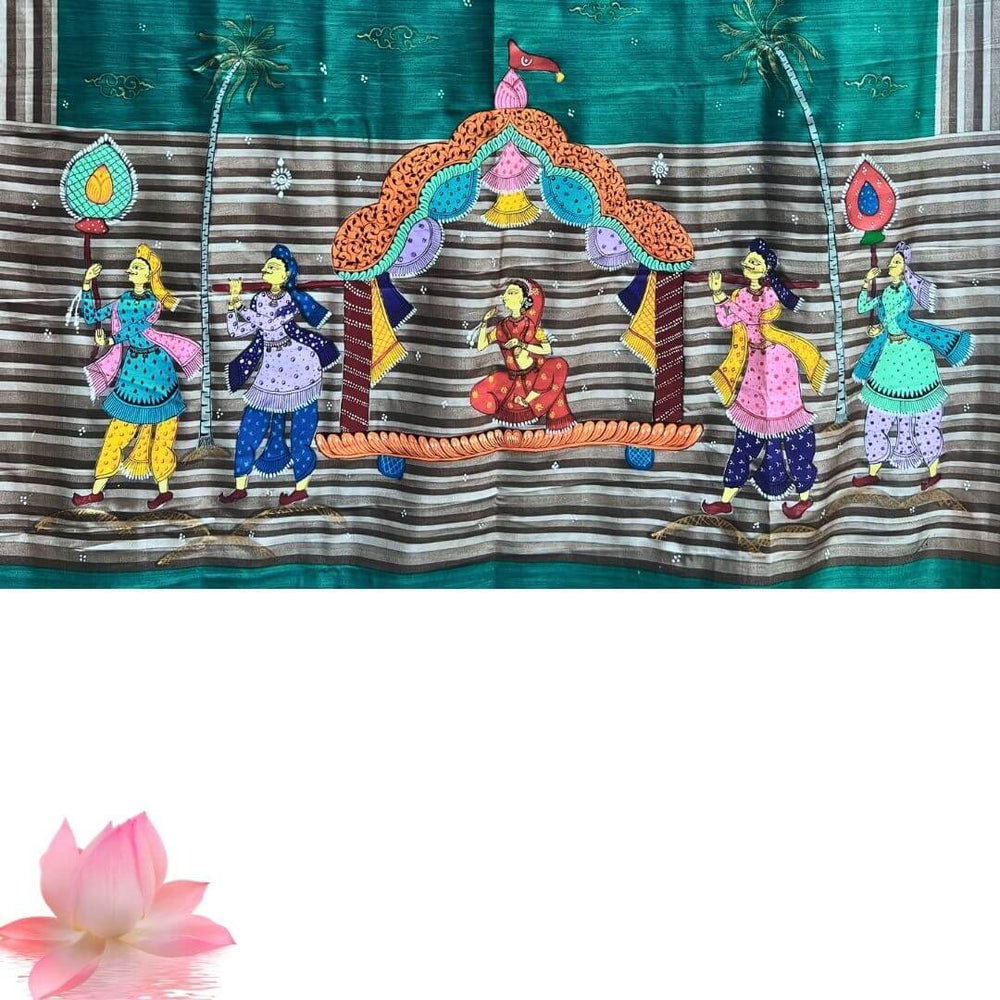 Hand Painted Pattachitra | Silk Saree (Palki) - Sea Green Colour - Taalapatra Vibes