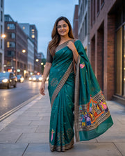 Hand Painted Pattachitra | Silk Saree (Palki) - Sea Green Colour - Taalapatra Vibes