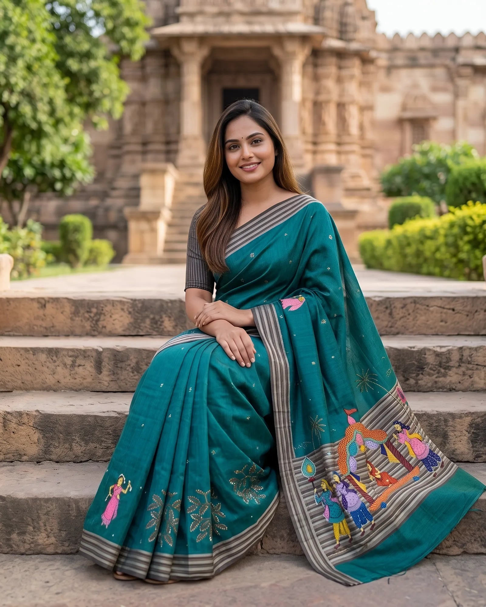 Hand Painted Pattachitra | Silk Saree (Palki) - Sea Green Colour - Taalapatra Vibes