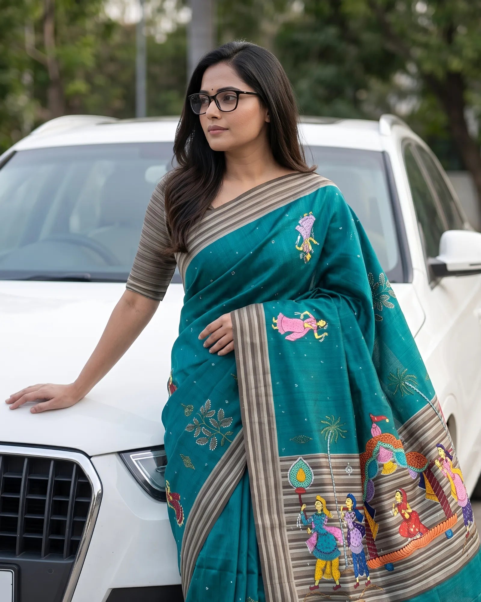 Hand Painted Pattachitra | Silk Saree (Palki) - Sea Green Colour - Taalapatra Vibes