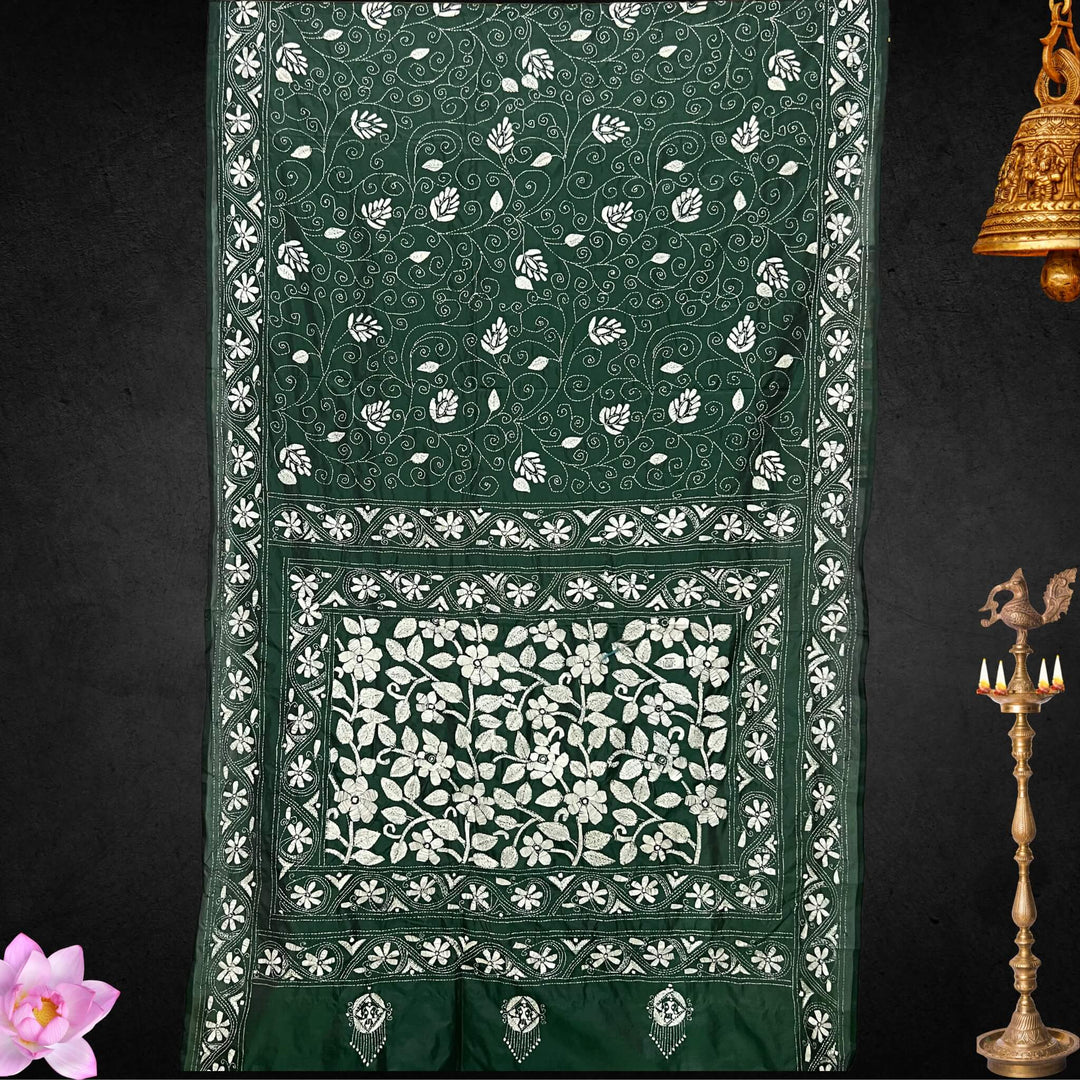 Handwoven Embroidery | Silk Saree - Dark Green Colour - Taalapatra