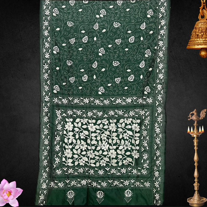Handwoven Embroidery | Silk Saree - Dark Green Colour - Taalapatra