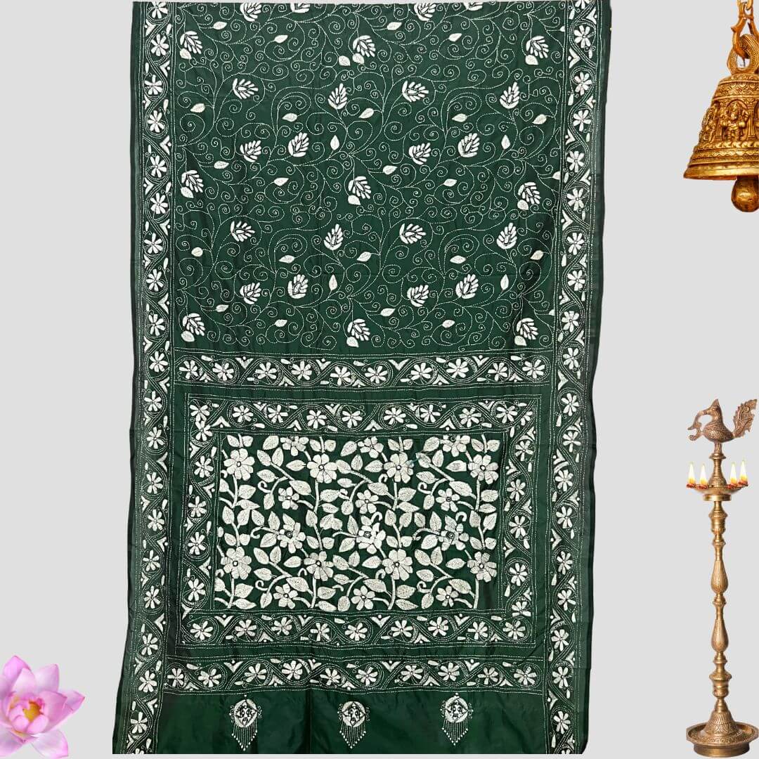 Handwoven Embroidery | Silk Saree - Dark Green Colour - Taalapatra
