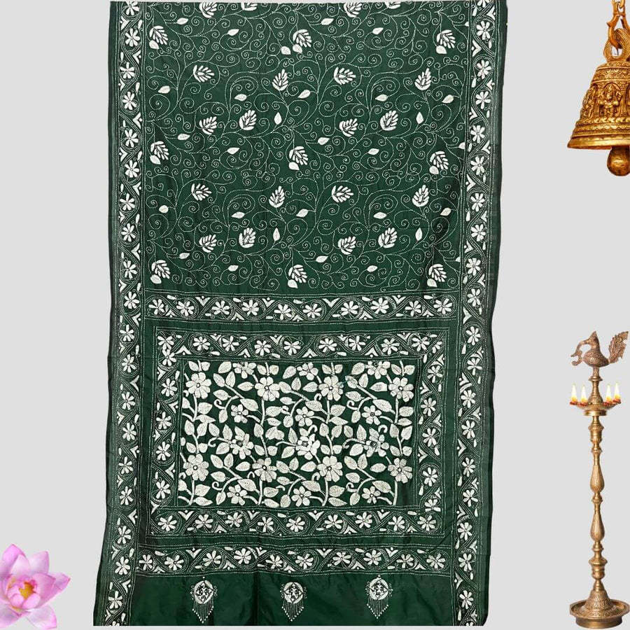 Handwoven Embroidery | Silk Saree - Dark Green Colour - Taalapatra