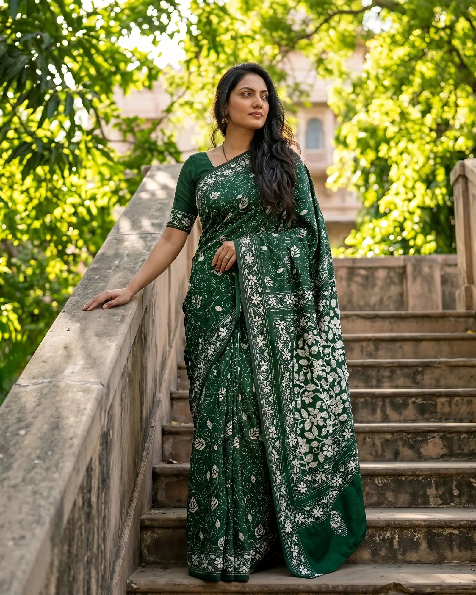 Handwoven Embroidery | Silk Saree - Dark Green Colour